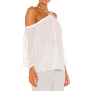 1. State Blouse High Neck Chiffon Sheer Blouson Sleeves Off Shoulder White M NWT